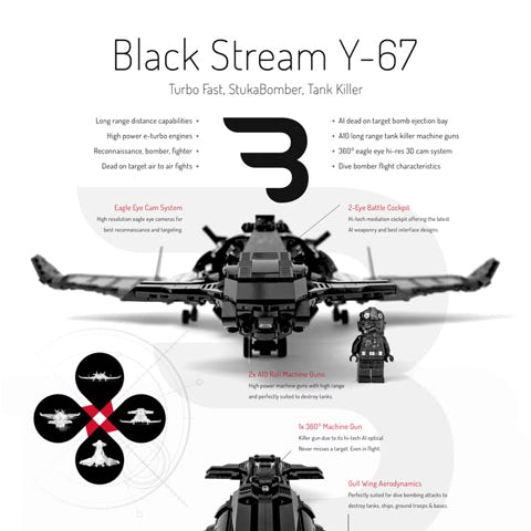Lego Moc Poster: BLACK STREAM Y-67 / Turboprop military bomber aircraft