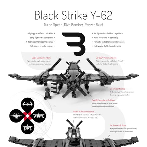 Lego Moc Poster: BLACK STRIKE Y-62 / Turboprop military fighter airplane