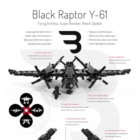 Lego Moc Poster: BLACK RAPTOR Y-61 / Military turboprop bomber airplane