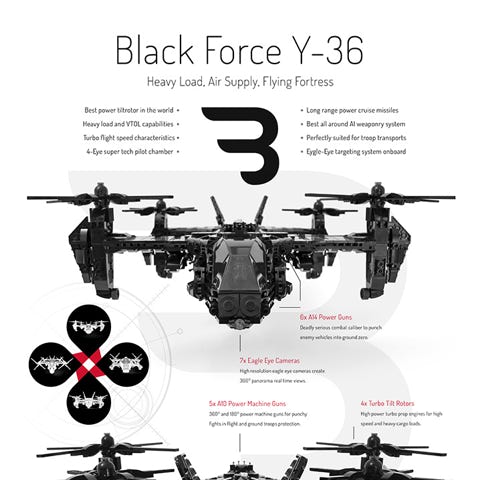 Lego Moc Poster: BLACK FORCE Y-36 / Air supply military tiltrotor aircraft
