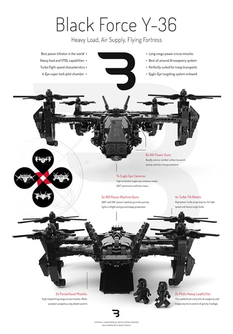 Lego Moc Poster: BLACK FORCE Y-36 / Air supply military tiltrotor aircraft