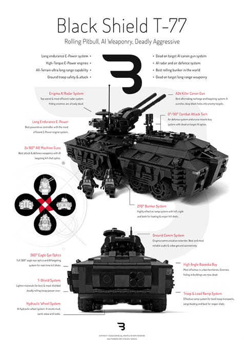Lego Moc Poster: BLACK SHIELD T-77 / Armed military battle tank rollpanzer