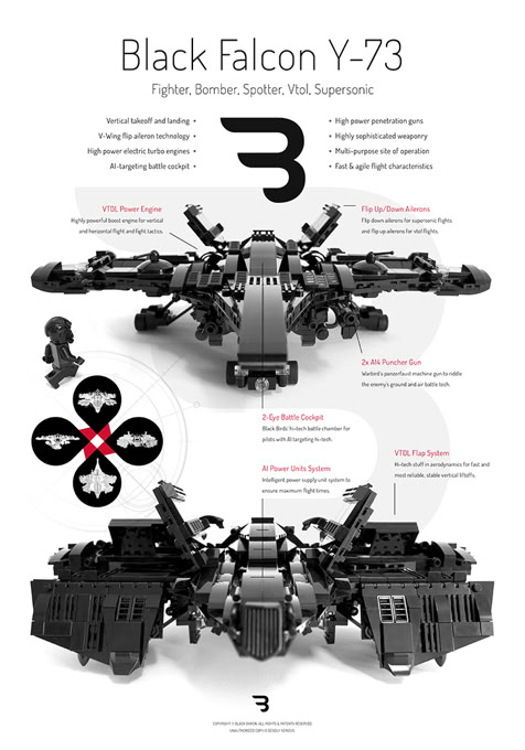 Lego Moc Poster: BLACK FALCON Y-73 / Military fighter jet aircraft
